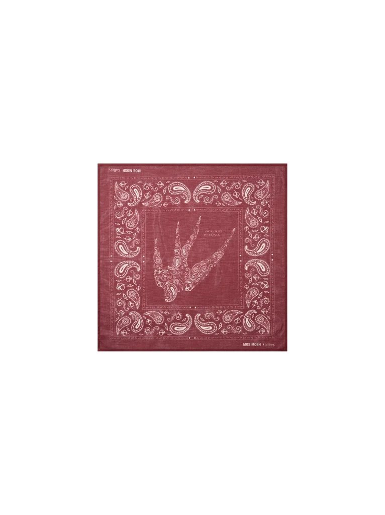 MOS MOSH Gallery Canada Martin paisley neckerchief in red laid flat, showing the white bird motif in the centre framed by a paisley border.