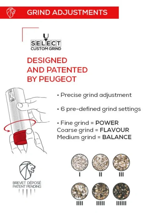 Peugeot line electric pepper mill grind adjustment infographic