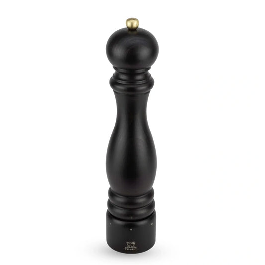 A tall black salt mill with a polished brass top knob and a silver-toned base dial, shown on a clean white background.
