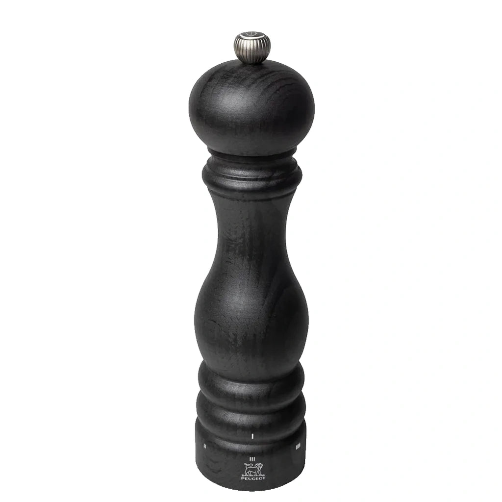 A tall black wooden salt mill with a silver metal knob on top and a small white logo near the base, shown against a plain white background.