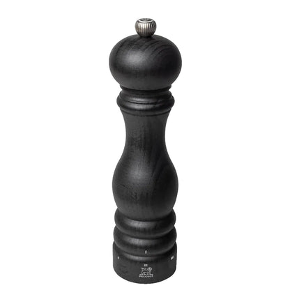 A tall black wooden salt mill with a silver metal knob on top and a small white logo near the base, shown against a plain white background.