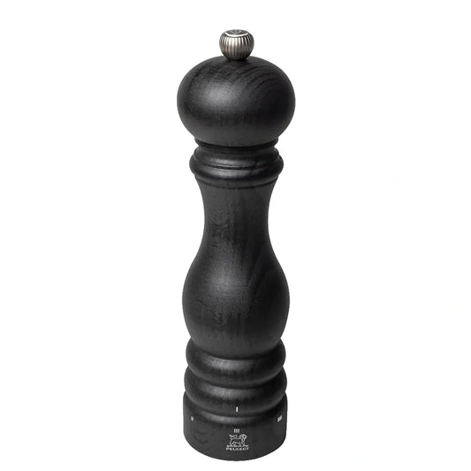 A tall black wooden salt mill with a silver metal knob on top and a small white logo near the base, shown against a plain white background.