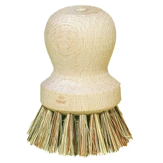 A natural wood-handled cleaning brush with dense tan and brown bristles, isolated on a white background.