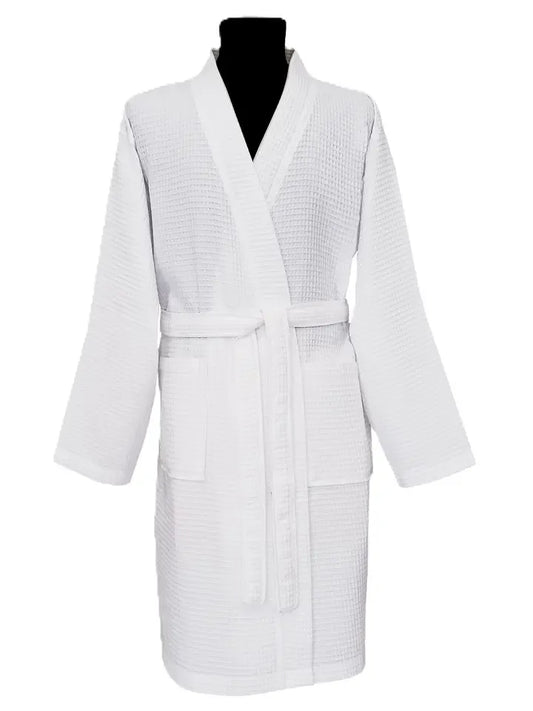A white waffle-weave bathrobe displayed on a black mannequin torso against a plain white background.