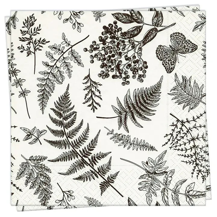A stack of square paper napkins with a black botanical and butterfly print on a white background.