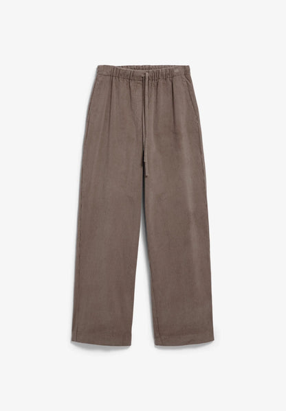 ARMEDANGELS Canada women's corduroy pants in a soft taupe color with an elastic waistband for comfort