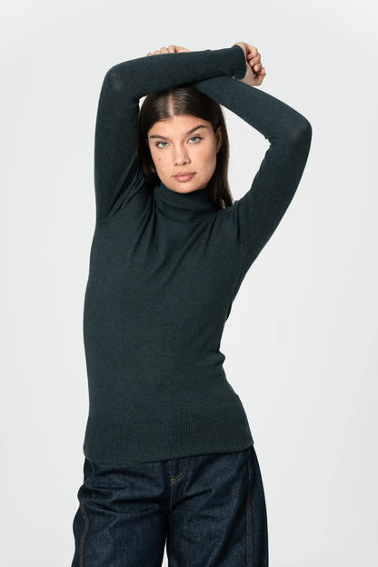 Dinadi women's merino turtleneck sweater in dark green with fitted design and long sleeves
